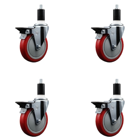 Service Caster 5'' Red Poly Swivel 1-3/8'' Expanding Stem Caster Set with Brake, 4PK SCC-EX20S514-PPUB-RED-PLB-138-4